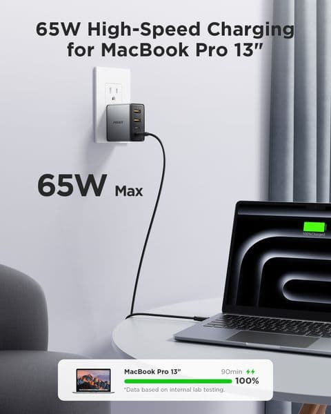 PISEN 65W USB-C GaN Fast Charger - 4-Port Wall Charger with 4FT USB-C Cable for MacBook Pro/Air, iPhone 16/15/14, iPad Pro, Galaxy S24, Pixel 8, Steam Deck