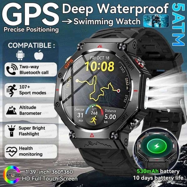 2025 New For Swim Men Sport SmartWatch Built in Dual Band GPS 5ATM Compass Altimeter Call 530mAh Military Smartwatch