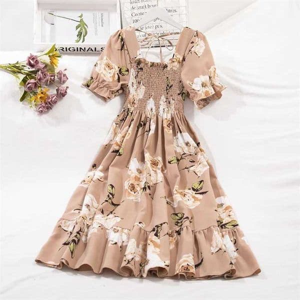 Spring Summer Chiffon Dresses Fashion Female Elastic Waist Short Slve Pleated Casual Dress Women A-line Dresses Vestidos L260401