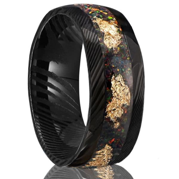 Black Damascus Steel Rings for Men and Women 8mm Hammered Inlaid with Red Opal Gold Foil Mens Engagement Wedding Bands 250611