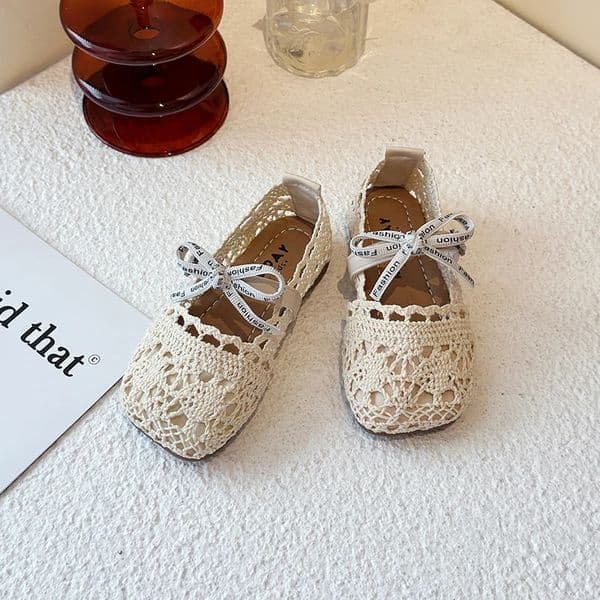 Bow Mesh Girls Flats Shoes Hollow Out Lace Solid Kids Princess Shoes Hook Loop Non Slip Toddler Children Fashion Shoes 250611