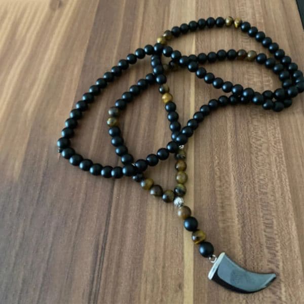 8mm Matte Black Onyx Yellow Tiger Eye Beads 108 Mala Necklace with Hematite Bull Horn Pendant 250604