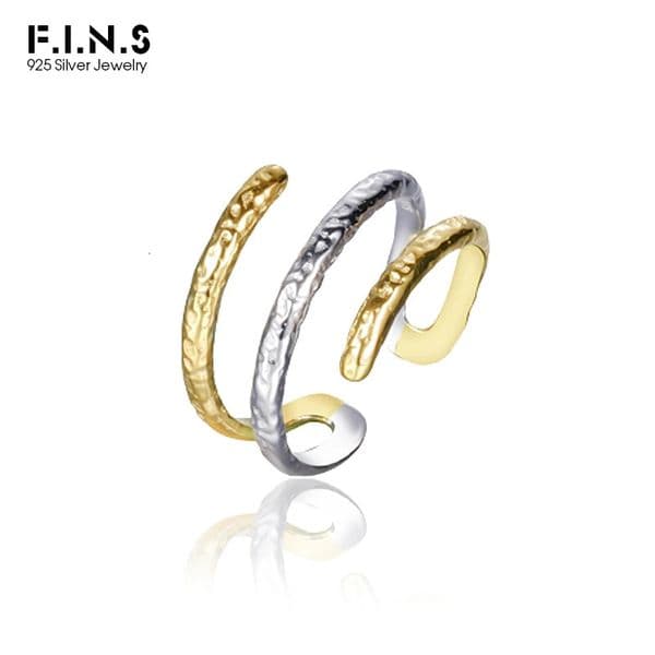 FINS 925 Sterling Silver Layered Line Double Color Open Ring Retro Wrinkled Adjustable Finger Rings for Women Men Fine Jewelry 250611