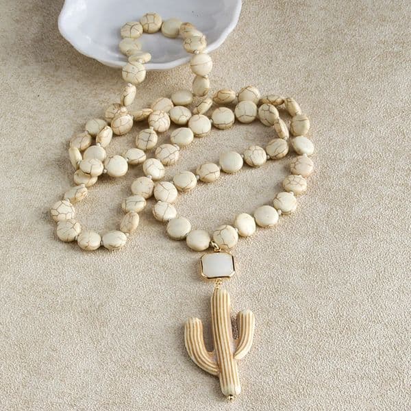 Fashion Knotted Flat White Stone Crystal Link Ethnic Cactus Necklace Bohemian Tribal Jewelry 250604