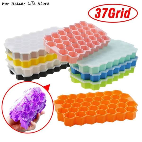 ddmynov 1PC 37 Grid Food Grade Soft Silicone ice maker With Cover Honeycomb Ice Cube Mold Washable And Reusable Easy Removal Home Kitchen Tools