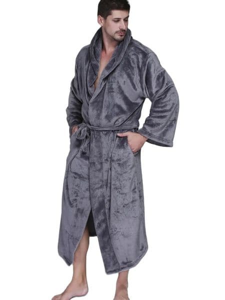 Mens Winter Warm Hooded Long Gray Flannel Fleece Bathrobes Coral Velvet Pajamas Male Sexy Soft Pockets Night Sleepwear Nightgown 250609BJ