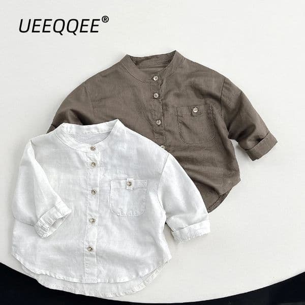 Spring Summer Children Shirts 1-8Y Boys Linen Cotton Pockets Casual Long Sleeve Tops Korean Toddler Wear For Kids Clothing 250611