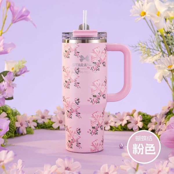 designer Mug Handle Straw Lid Stainless Steel 900ml Vacuum Insulated Car Mug Double Wall Thermal Iced Travel Cup Stainless Steel Coffee Termos