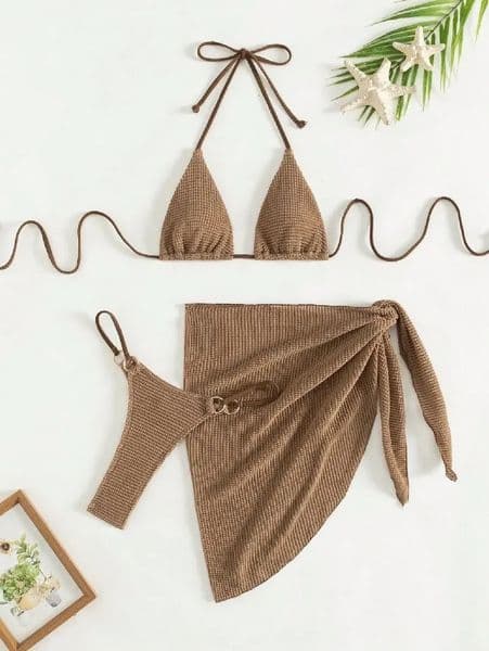 Sexy Brown Bikini Set Women Halter Push Up Bra Skirt 3 Piece Swimsuit Summer Bathing Suit Cover Thong Swimwear Biquiniw250609