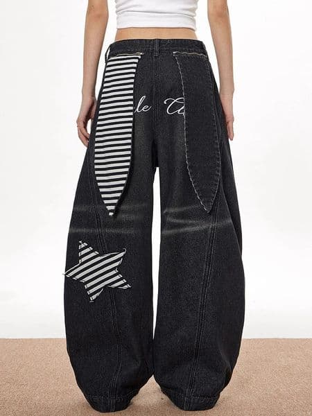 Black Womens Jeans High Waist Vintage n Hip Hop Baggy Denim Pants Street Y2K American Style Wide Leg Trousers 250611
