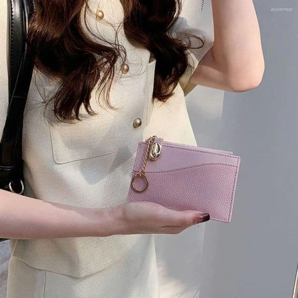Card Holders Casual Korean Style Thin Bag With Key Chain Holder Mini Wallet Solid Color PU Zipper Coin Purse Women