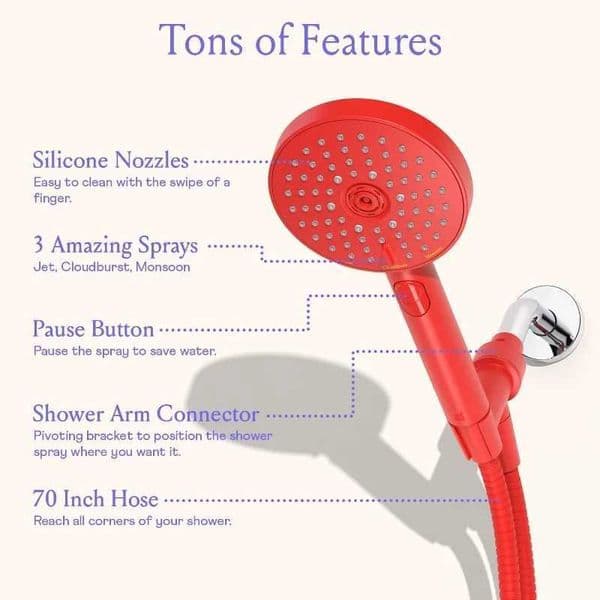 Handheld Shower Head High Pressure 3 Spray Functions Plus Pause Extra Long 70 Inch Hose Silicone Nozzles Pink X2506121