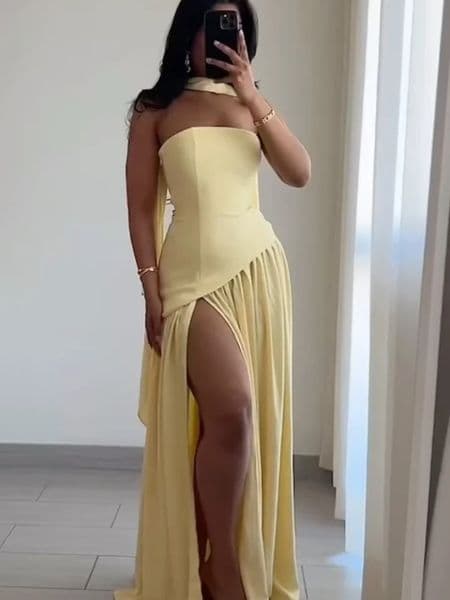Womens Offshoulder Strapless Long Dresses Ladys Elegant Pleated Lace Up Summer Holiday Birthday Party Robes 250611