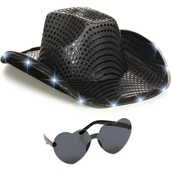 Glowing Sequin Glitter Cowboy Hat with Heart Shaped Sunglasses for Birthday Party Crossdressing Seaside Holiday 1 Set 250611