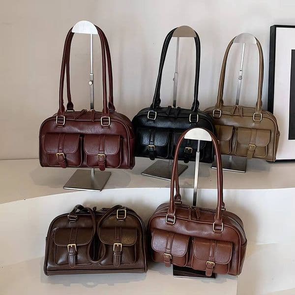 Shoulder Bags for Women PU Leather Double Pocket Female Boston Zipper Ladies Underarm Retro Tote Handbag Sling Bag ddmynov