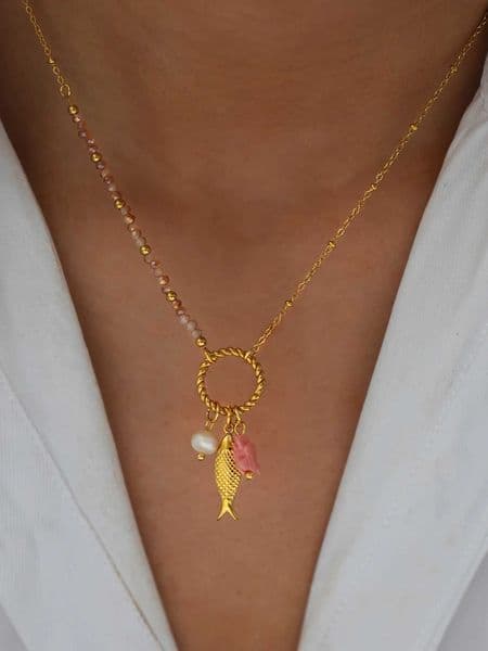 Stainless Steel Natural Freshwater Pearl Fish Shape Pendant Necklace For Women 18K Gold Plated Waterproof Jewelry For Vacation W250612