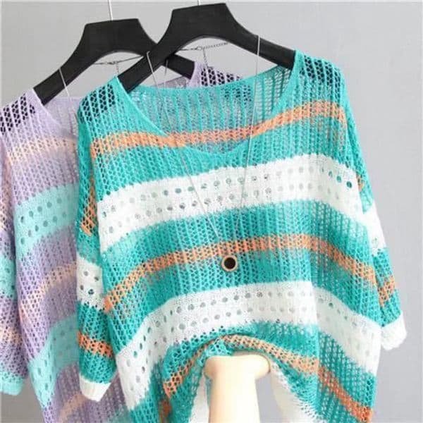 Women Half Sleeve Colorful Hollow Out Blouses Striped Ice Silk Knit Shirt Loose Retro Style Pullover Lightweight Tank Tops 250612