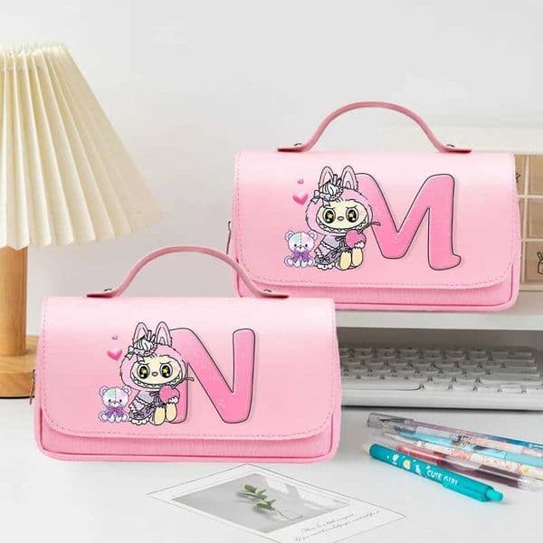 Labubu Large Capacity Flip Pen Case for Students Cartoon Letter A-Z Printed Pencil Bags Boys Girls Stationery Storage Pouch Gift X250612
