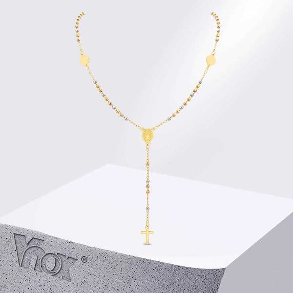 Vnox Stainless Steel Three Color Bead Y-shaped Necklace For Women Virgin Mary Accessories Cross Pendant Religious Jewelry Gifts W250612