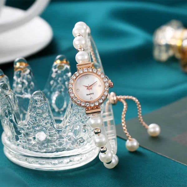 Kegllect Ladies Round Quartz Women Luxury Pearl Bracelet Adjustable Str Diamond and Womens Watch XJ250612