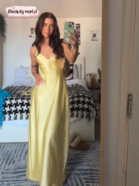 Women Elegant Sling Long Dresses Fashion Yellow Satin Backless V Neck Zipper High Waist Dress Summer Lades Vestidos Para Mujer 250611