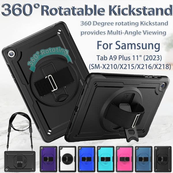 Hand Strap Tablet Case For Samsung Galaxy Tab A9+ Plus 11 inch PC+TPU Shockproof Lightweight Armor Rotating Stand Cover with Screen Protector Shoulder Strap