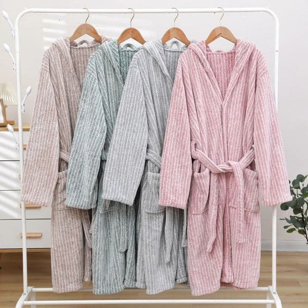 1pcs Unisex Autumn stripe Bathrobe Hooded Kimono Bath Robe Night Cozy Sleepwear Women Dressing Gown Home Clothes 250609BJ
