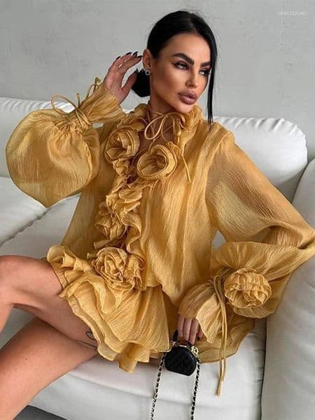 Women's Tracksuits Multi-Layer Ruffles Flower Dress Shorts Sets Women 2 Pieces Long Sleeve Lace Up Loose Irregular Mini Dresses Suits Street