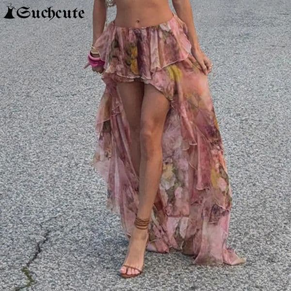 SUCHCUTE Y2K Vacation Floral Printed Long Skirts Holiday Beach Sexy Low Waist Aesthetics Lace Skirt Women Grunge Party Outfits 250611BJ