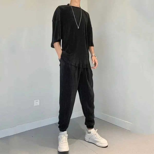 Nylon Mens Pants Set Gym Sportswear Male T Shirt Trousers Sets Black No Outfits Cheap Clothes Two-piece Essential Tee Kpop W250613