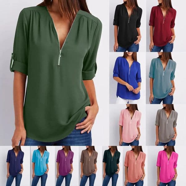 2025 Women Cool Loose Shirt Deep V Neck Chiffon Fashion Blouse Casual Ladies Tops Sexy Zipper Pullover Plus Size 250609