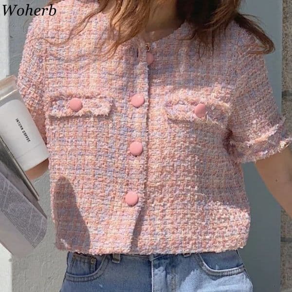 Summer Korean Casual Tweed Jackets for Women Short Sleeve Elegant Coats Office Lady Outerwear Crop Top Femme 250611
