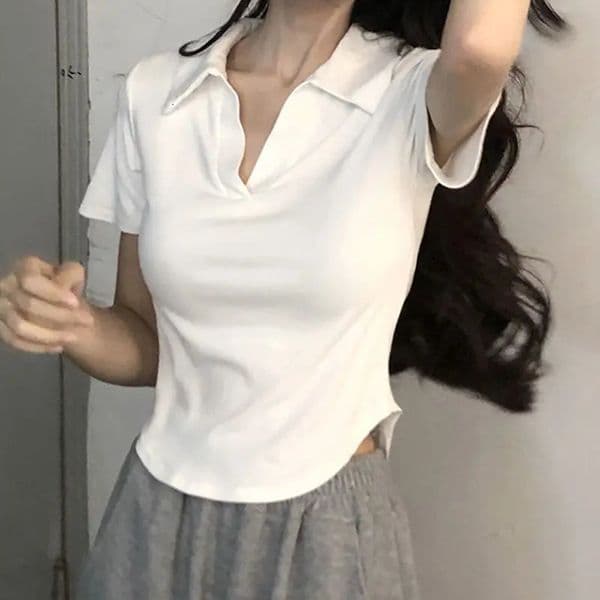 V-neck Shoulder White Short sleeve T-shirt Women Summer Sense Niche Irregular Slim fit Slimming Gyaru Pure Desire Top250609BJ