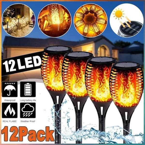 1-12PCS 12LED Solar Flame Torch Flickering Light Waterproof Garden Decoration Outdoor Lawn Path Yard Patio Floor Lamp