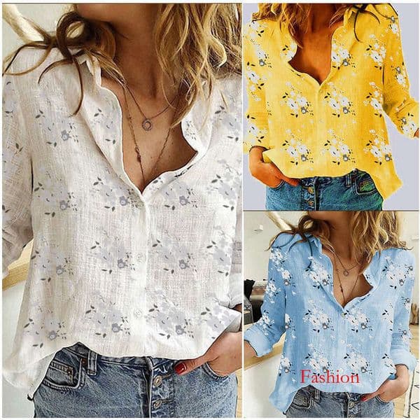 Spring New Printed Casual Loose Long Sleeve Linen Cotton Shirt For Women B5 b7