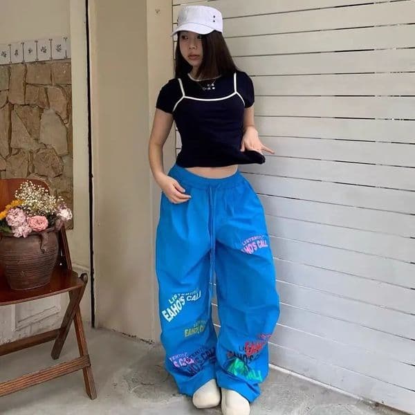 Womens Casual Joggers Tech Letter Print Low Waist Pants Drawstring Wide Leg Baggy Trousers Y2k Streetwear Oversized Sweatpants 250613