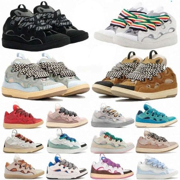 Designer Casual Shoes Leather Curb Pairs Lace-up Mens Womens trainer Shose running Shoes Blue Pink Nappa Calfskin Platform Rubber Sole Casual Trainers