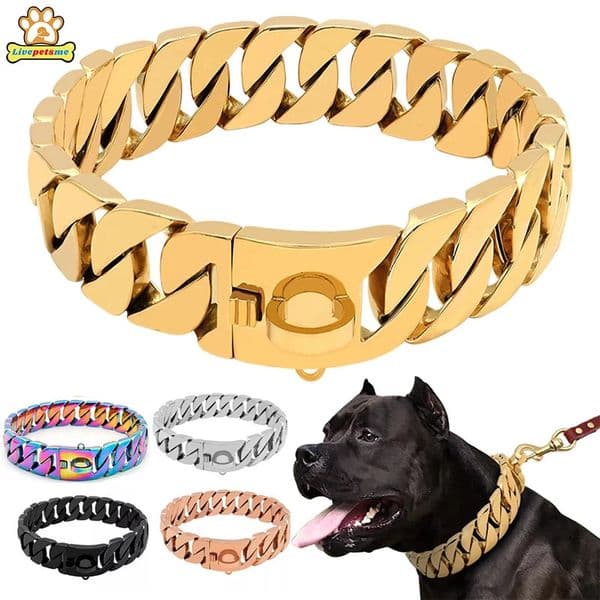 32MM Wide Strong Metal Dog Chain Collars Stainless Steel Dog Choker Pitbull Gold Dog Necklace For Large Dogs 250613