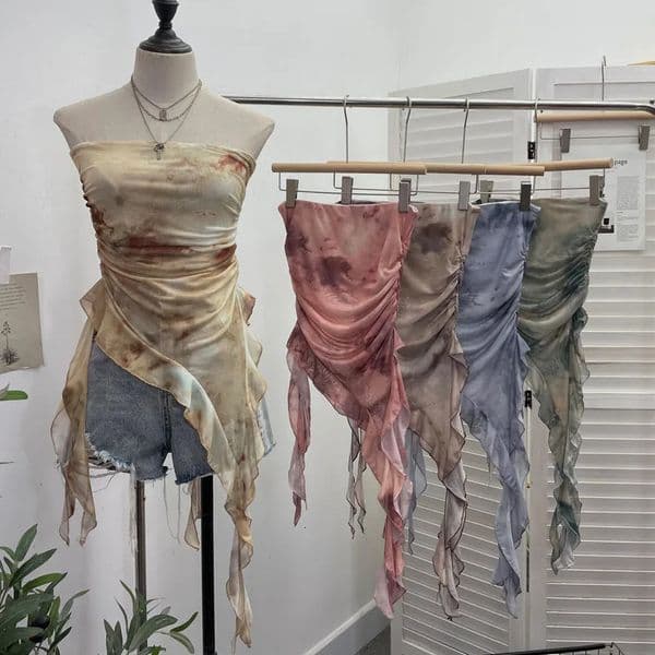 Womens Tie Dye Ruffled Ribbon Mesh Tube Top Irregular Sleeveless Sexy Backless Vest Party Leisure Essential 9956 250611
