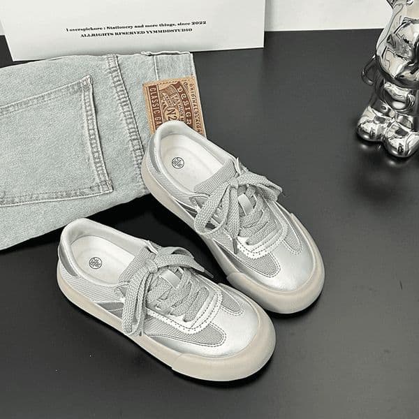 Ddmysports Silver Fashion Casual Lace Up Sneakers For Women Summer New Thick Soled Comfortable Ins Trend German Training Versatile Sports Shoes Outdoor Shoes