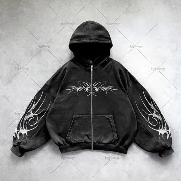 Gothic Punk Graphic Print Oversized Sweatshirt High Street Harajuku Y2K Streetwear Jacket Men Hip Hop Retro Casual Zipper Hoodie 250613BJ