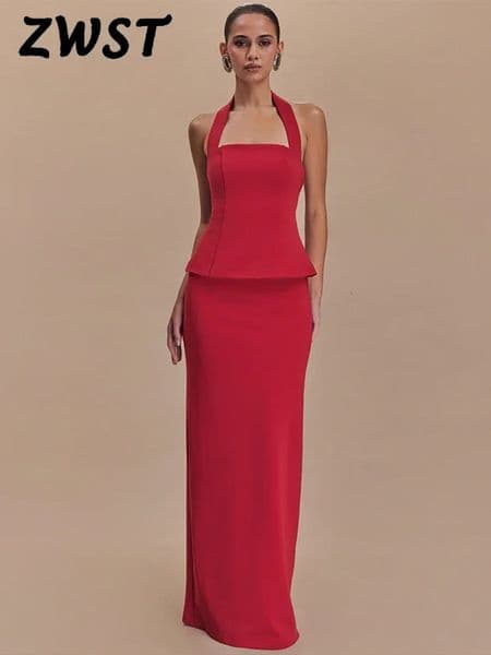 Red Halter Women Vest Set Sexy Hip Package Split Lady Maxi Skirt Suit Fashion Sleeveless Evening Party Female 2 Piece Set 250613