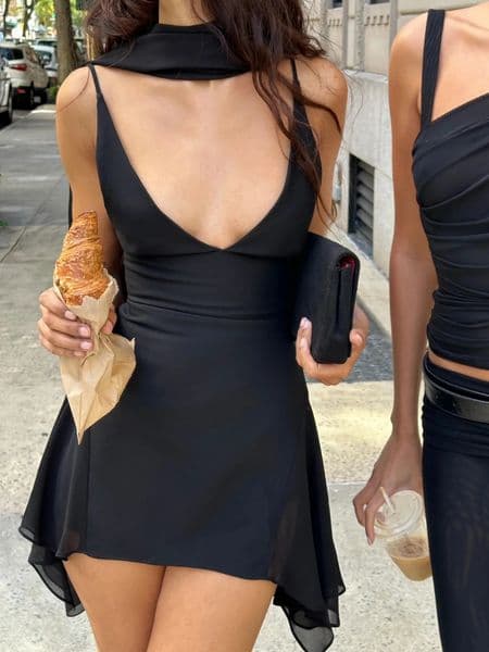 Cuteandpsycho Irregular A-line Vintage Solid Dress Halter Mesh Sleeveless V-neck Fashion Clothes Chic Streetwear Party Outfits 250610BJ