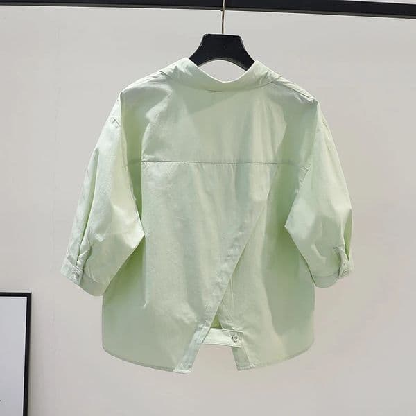 OL Back Split White Shirts Casual Chic Korean For Womens Clothes Blouses Short Sleeve Tops Preppy Style Basic Top Solid 250614BJ