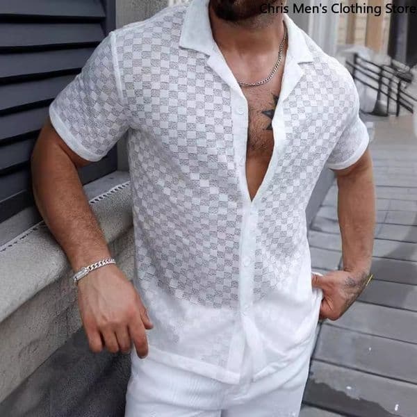 Senior Sense of Casual Business Style Mens Shirt ner Coname Solid Color Lace Sexy Trend Hollow Top w250520BJ