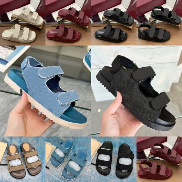 Luxury Slippers Women Designer Buckle Sandals Flat Slides Fashion Leather Black White Red Khaki Brown Denim Pink Lady Platform Summer Beach Flip Flops Scuffs 35-42