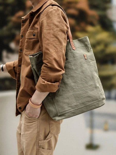 men retro tote 16oz canvas shoulder bag with top layer genuine leather high-quality
