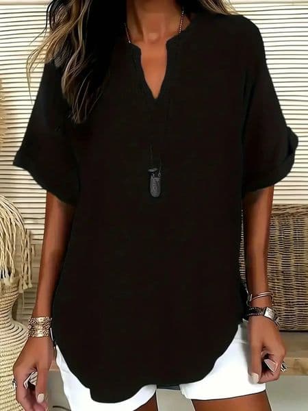 Plus Size 1XL5XL Womens Fashion Solid Color Notched Top Ladies Casual Short Sleeve Comfort VNeck Blouse Shirt Tops 250614BJ