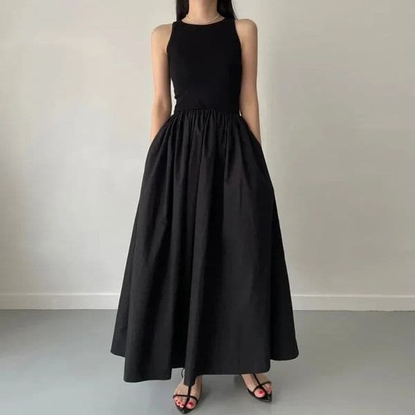 Summer Simple Elegant Black Long Dresses For Women Round Neck Sleeveless High Waist Temperament Female Fashion Style Dress 250611