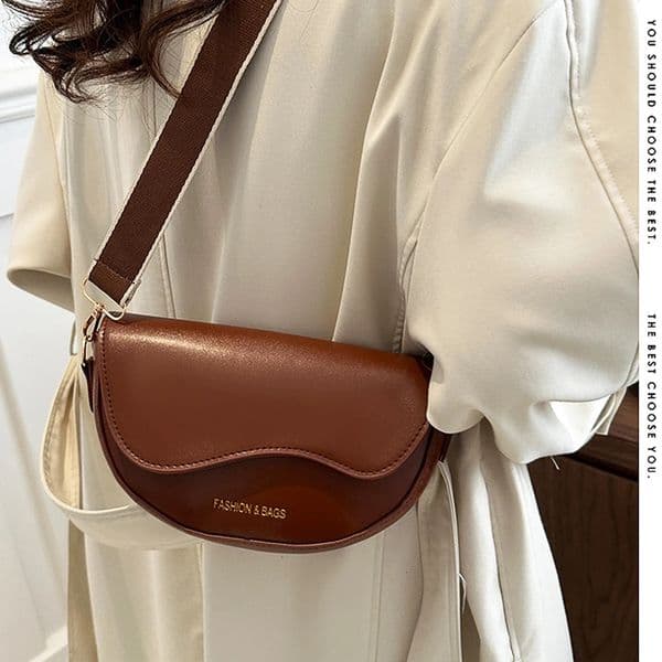 Women Vintage Solid Color Flap Small Saddle Shoulder Underarm Bag Fashion PU Leather Wide Strap Crossbody ADH 250614BJ